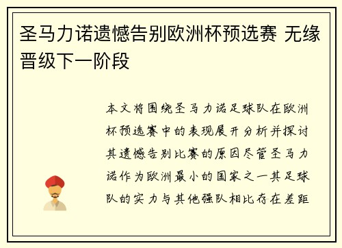 圣马力诺遗憾告别欧洲杯预选赛 无缘晋级下一阶段