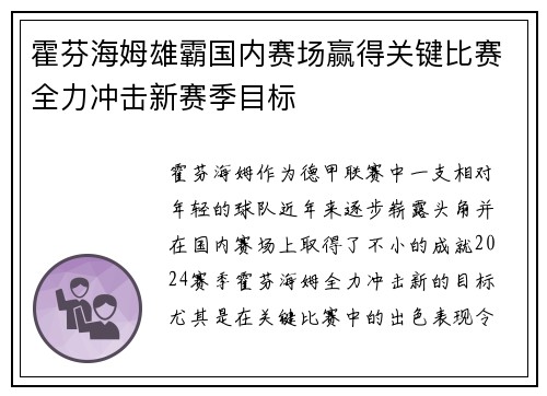 霍芬海姆雄霸国内赛场赢得关键比赛全力冲击新赛季目标