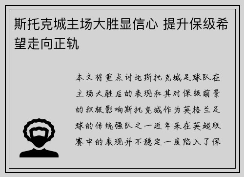 斯托克城主场大胜显信心 提升保级希望走向正轨