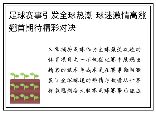 足球赛事引发全球热潮 球迷激情高涨翘首期待精彩对决