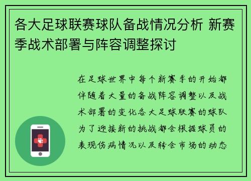 各大足球联赛球队备战情况分析 新赛季战术部署与阵容调整探讨