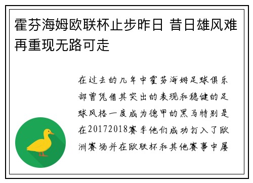 霍芬海姆欧联杯止步昨日 昔日雄风难再重现无路可走