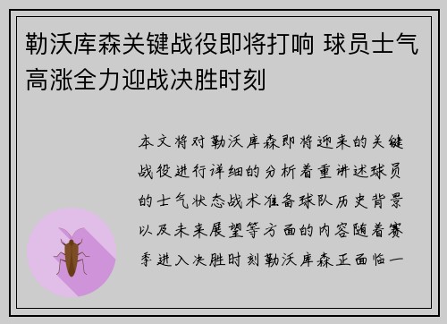 勒沃库森关键战役即将打响 球员士气高涨全力迎战决胜时刻