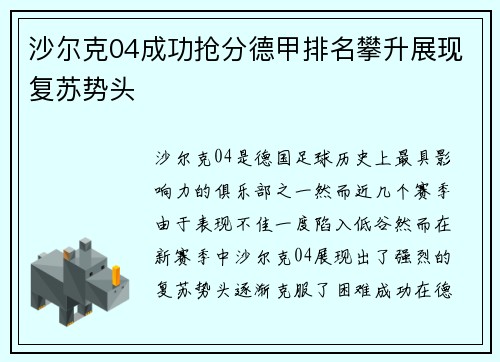 沙尔克04成功抢分德甲排名攀升展现复苏势头