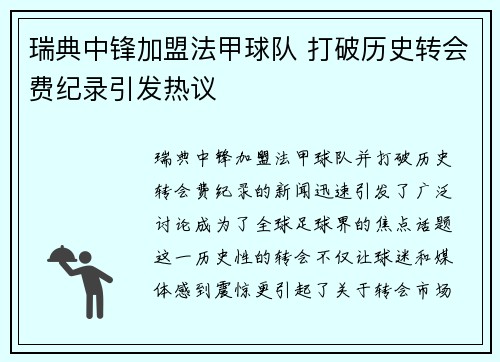 瑞典中锋加盟法甲球队 打破历史转会费纪录引发热议