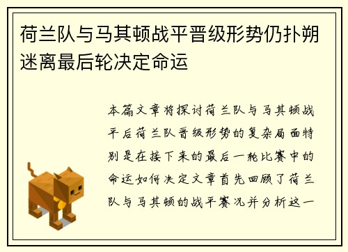 荷兰队与马其顿战平晋级形势仍扑朔迷离最后轮决定命运