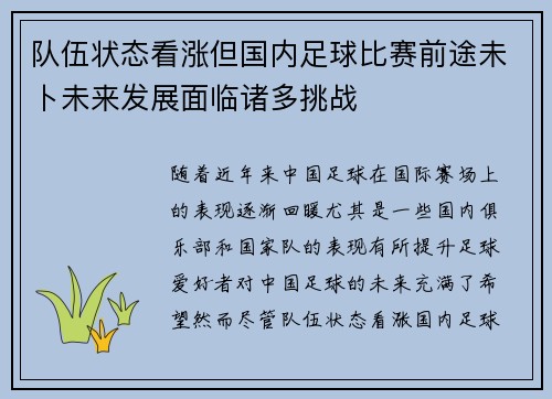 队伍状态看涨但国内足球比赛前途未卜未来发展面临诸多挑战