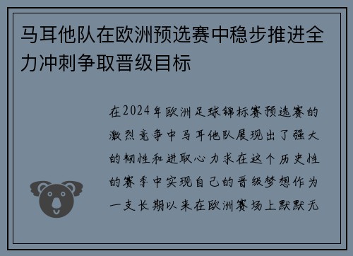 马耳他队在欧洲预选赛中稳步推进全力冲刺争取晋级目标