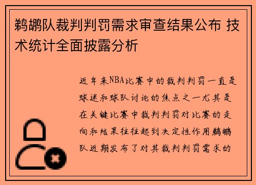 鹈鹕队裁判判罚需求审查结果公布 技术统计全面披露分析
